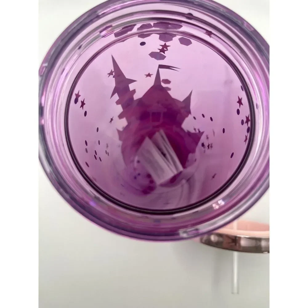 Disney Parks Cinderella Castle Water Tumbler W/Straw 2023 Rose Gold Lid Confetti